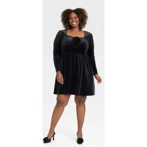 NWT Ava & Viv Women's Size 3X Black Long Sleeve Rosette Mini A-Line Velvet Dress